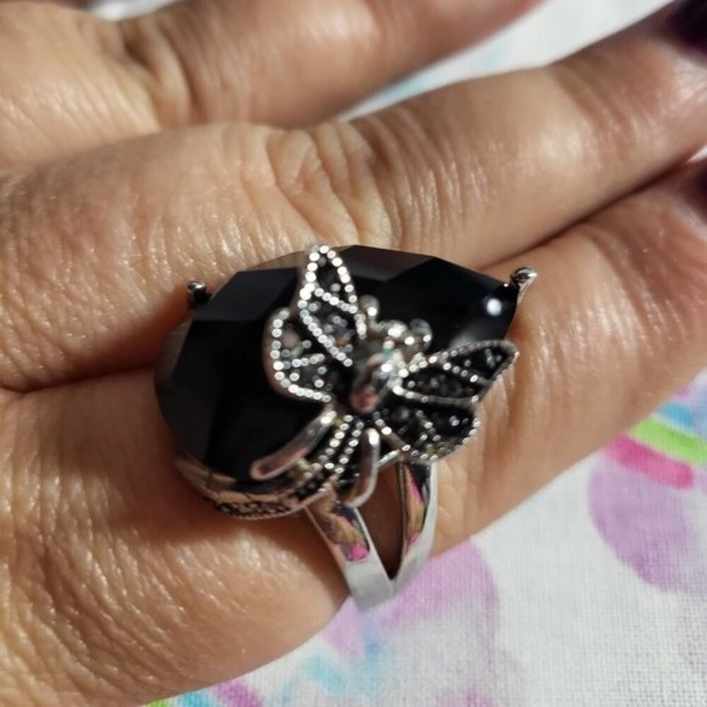 Black Agate/ Hematite Butterfly Stainless Steel Ring